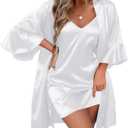 Ekouaer Women's Silk Robe Set V-neck 2 Piece Bridal Party Robes and Satin Bathrobe Set with Pockets (White, L)
