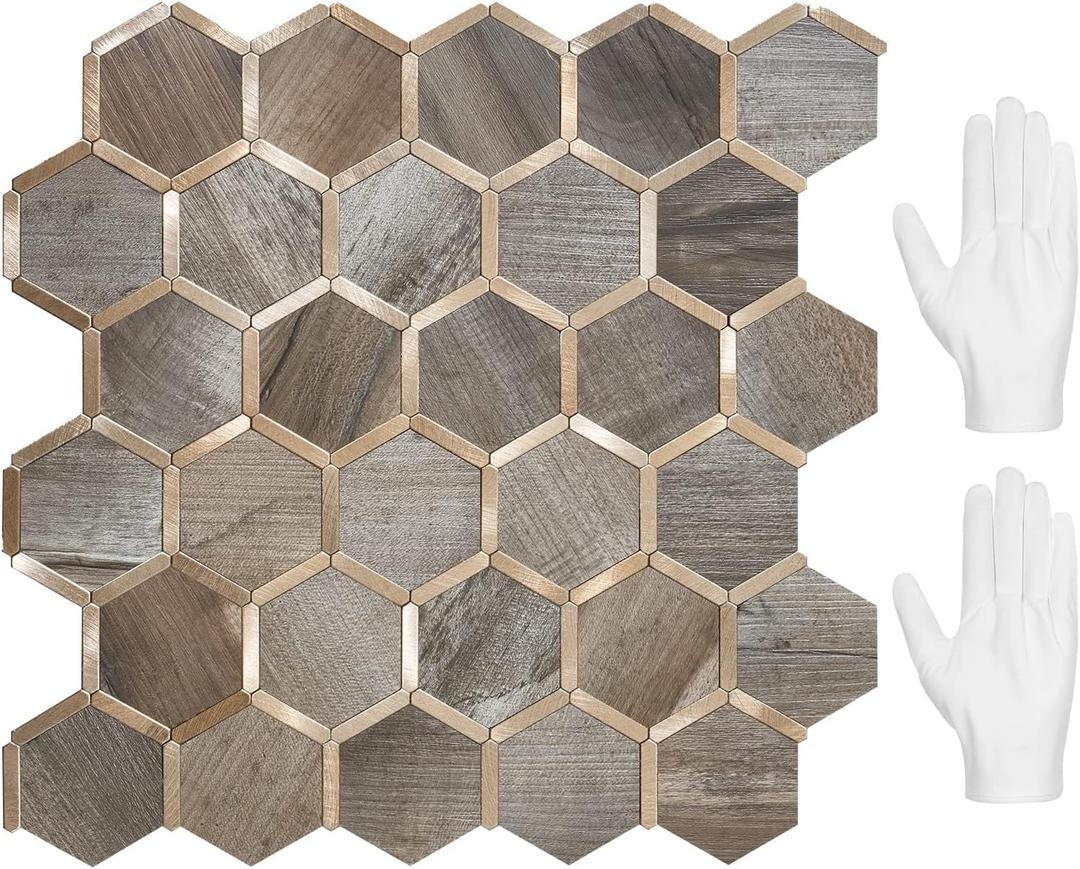 STICKGOO Hexagon Peel and Stick Backsplash Tile, Stick on Backsplash for Kitchen and Bathroom, Wood Texture PVC Mixed Metal Gold Self Adhesive Wall Tiles(10 Sheets, Seamless) (Wood Texture with Metal Gold)