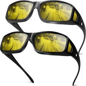 Night Vision Driving Glasses Fit Over Eyeglasses for Men Women, Anti-Glare Polarized Nighttime Glasses Yellow Lens