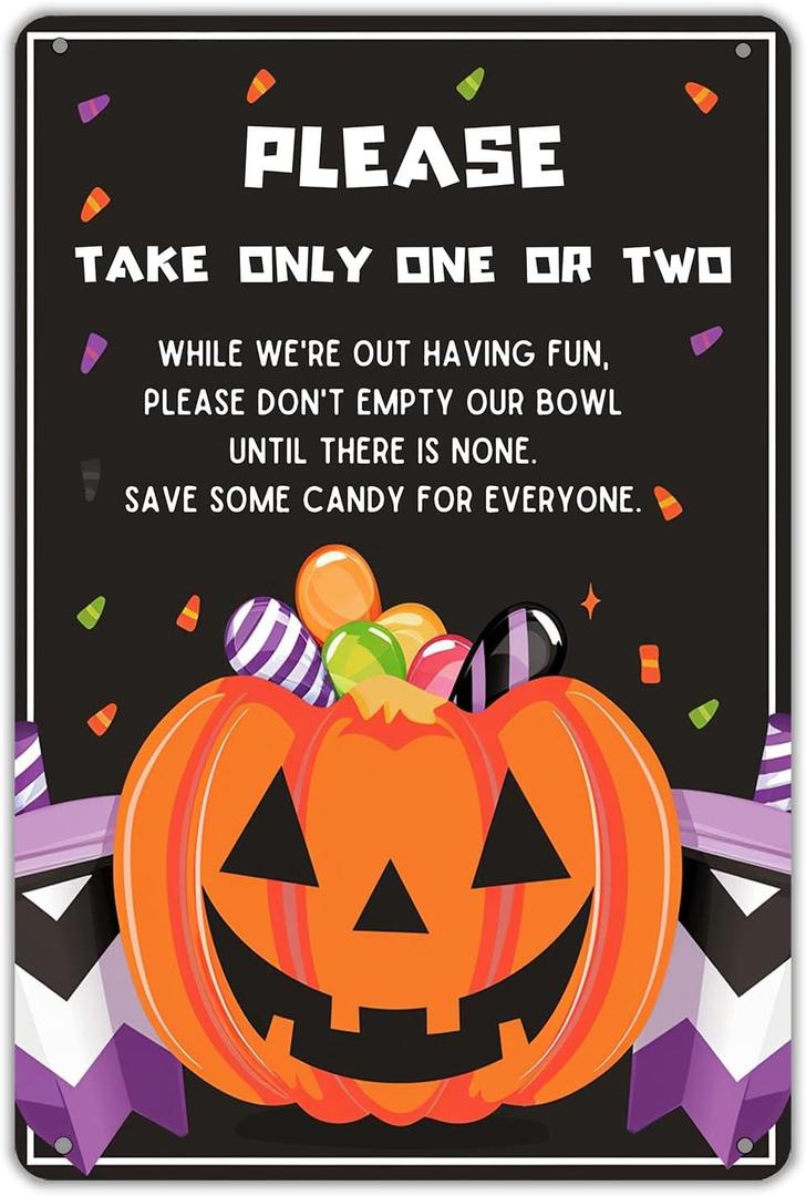 KanaAt Trick or Treat Please Take Only One or Two Tin Sign Halloween Candy Vintage Decor for Home Kitchen Cafe Bar Porch Yard Front Door Party Decor 8x12 inch, diany-m90