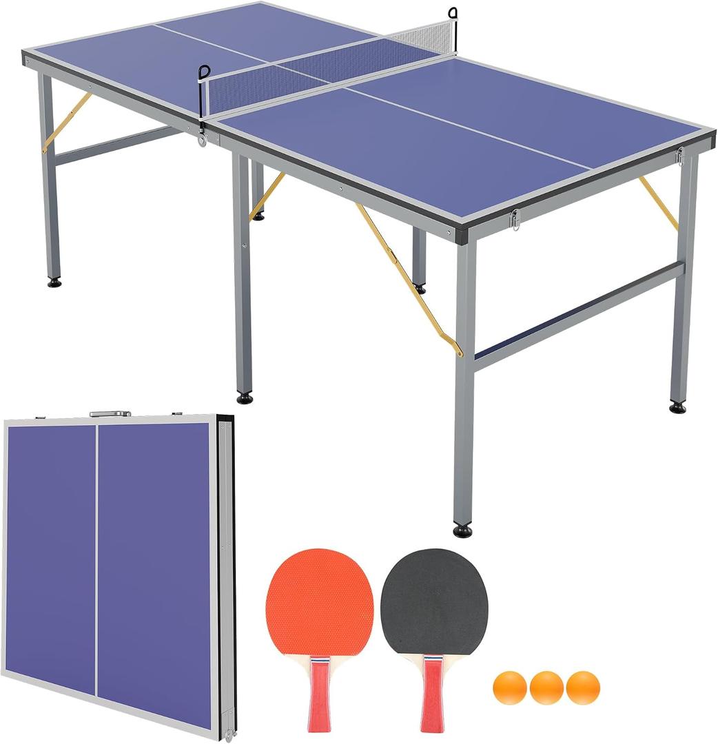 6x3ft Mid-Size Professional Portable Folding Ping Pong Table - Indoor/Outdoor Table Tennis Game Set with Net, 2 Paddles & 4 Balls for Adults and Teens- Quick Assembly