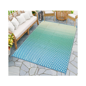 Wonnitar Waterproof Outdoor Rug 6x9 - Blue Yellow Gradient Checkered RV Camping Rug, Reversible Plastic Straw Patio Mat for Poolside Deck, Portable Lightweight Colorful Outdoor Carpet