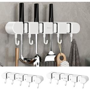 2Pcs Broom Holder Wall Mount, No-Drilling Self-Adhesive Mop and Broom Storage Rack with Hooks (4 Racks with 5 Hooks), Wall-Mounted Broom Hanger for Bathroom, Kitchen, Closet, Garage (White )