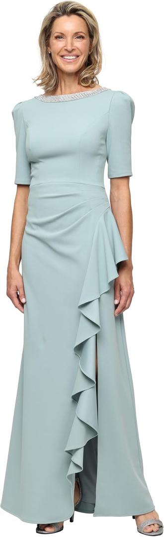 Alex Evenings Women's Long Embellished Neck Mother of the Bride Dress with Elbow Puff Sleeve (Ice Sage, Size 14)