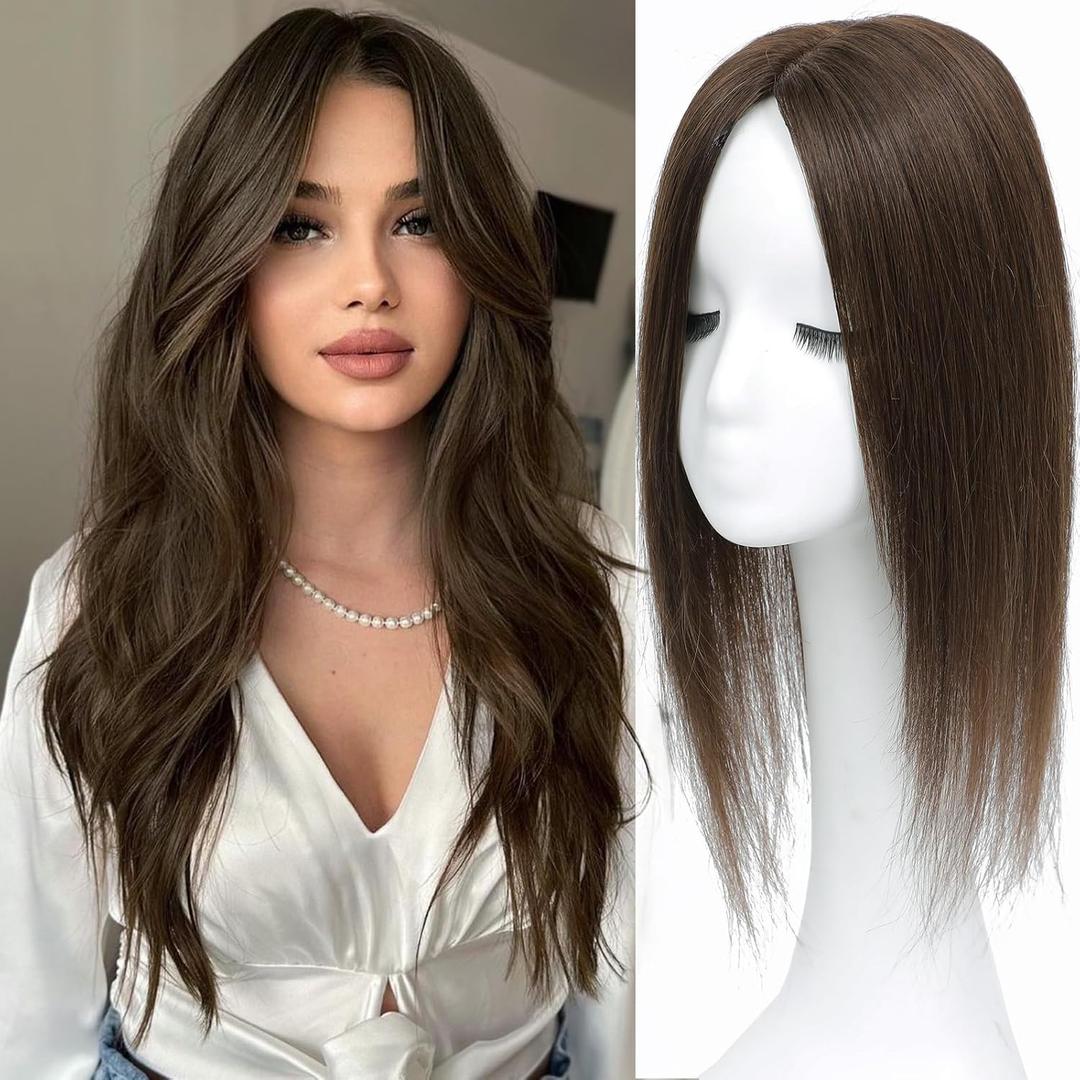 Hair Toppers for Women Real Human Hair, 360 3D Human with Thinning Upgrade Middle Part Clip in Bangs Topper Hair Pieces for Women Daily(Medium Brown, 18 Inch-3D-Side)