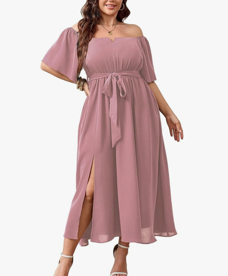 SCOMCHIC Womens Plus Size Formal Dresses Off The Shoulder Wedding Guest Cocktail A-Line Split Maxi Dress with Pockets, 1XL