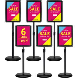 6Packs 11x17 Inch Adjustable Pedestal Poster Sign Stand, Heavy Duty Floor Standing Sign Holder Stand Aluminum Snap Open Frame for Vertical and Horizontal View Sign Displayed(Black, Round)