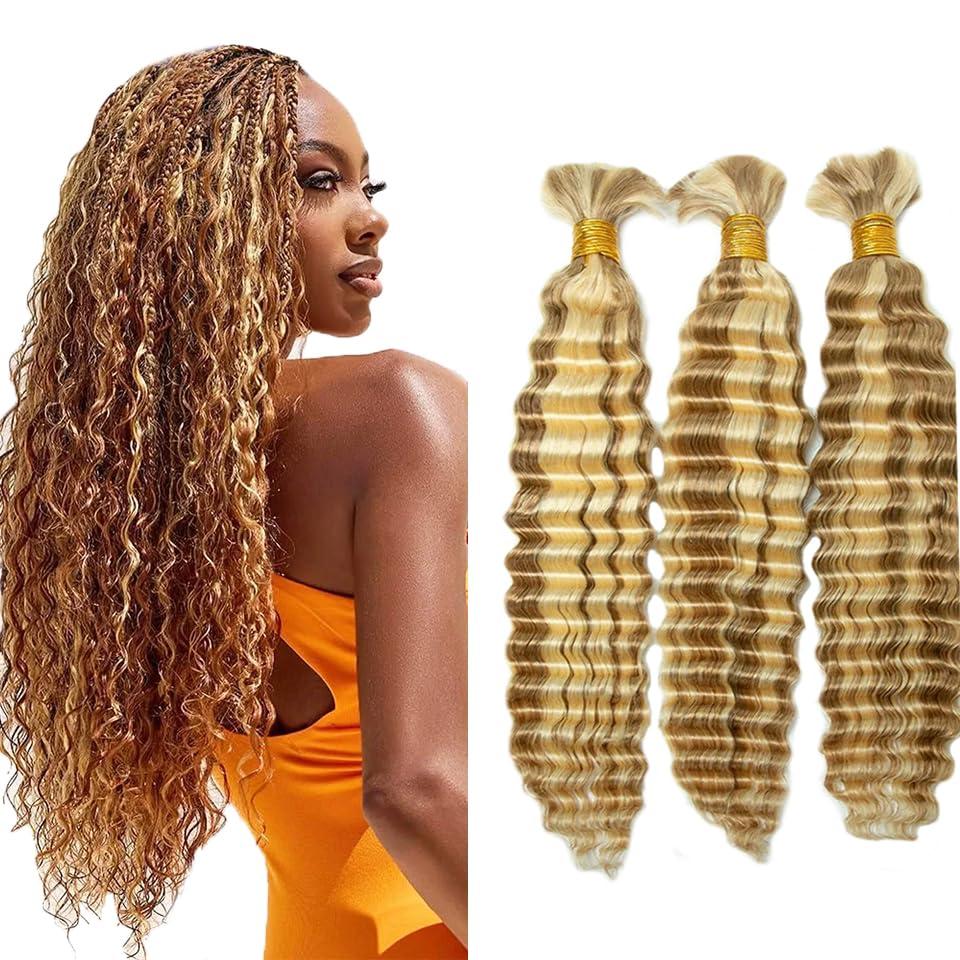 P27/613 Blonde Human Braiding Hair for Boho Braids 26 26 26 Inch Honey Blonde Deep Wave Bulk Human Hair Knotless Highlight Boho Braiding Curly Virgin Hair Extensions 150g