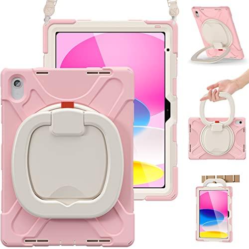 BRAECN Case for iPad (A16) 11th/10th Generation 11”/10.9'' 2025/2022-Shockproof Silicone Cover w/Pencil Holder/360°Swivel Ring Stand/Handle Grip/Kickstand/Shoulder Strap/Screen Protector, Sakura Pink