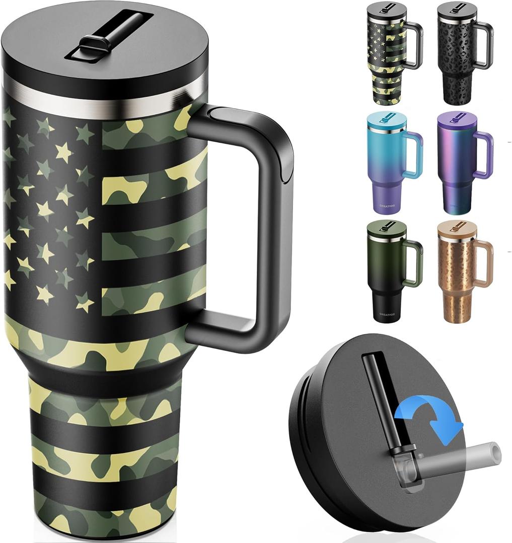 40 oz Tumbler with Handle and Flip Straw Lid Insulated Traveler Tumblers with Lids Straws Vacuum Leak Proof Stainless Steel 40oz Cup Mug Gifts for Men Women Him Her  (40 oz, Camouflage Flag)