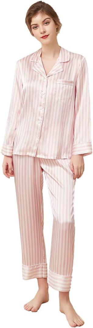 THXSILK Silk Women's Pajama 2-Piece Set, Large Size 6A Pure Mulberry Silk Soft Luxury V Neck Pink Striped Long Sleeve Tops Nightwear with Long Pants