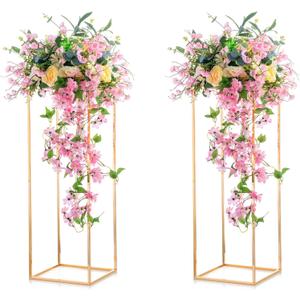 NUPTIO 2 Pcs Metal Flower Floor Vase Column Geometric Centerpieces Flower Stand for Tables, 31 inch Tall Gold Flower Holder for Home Party Wedding Decorations, Rectangular Display Rack