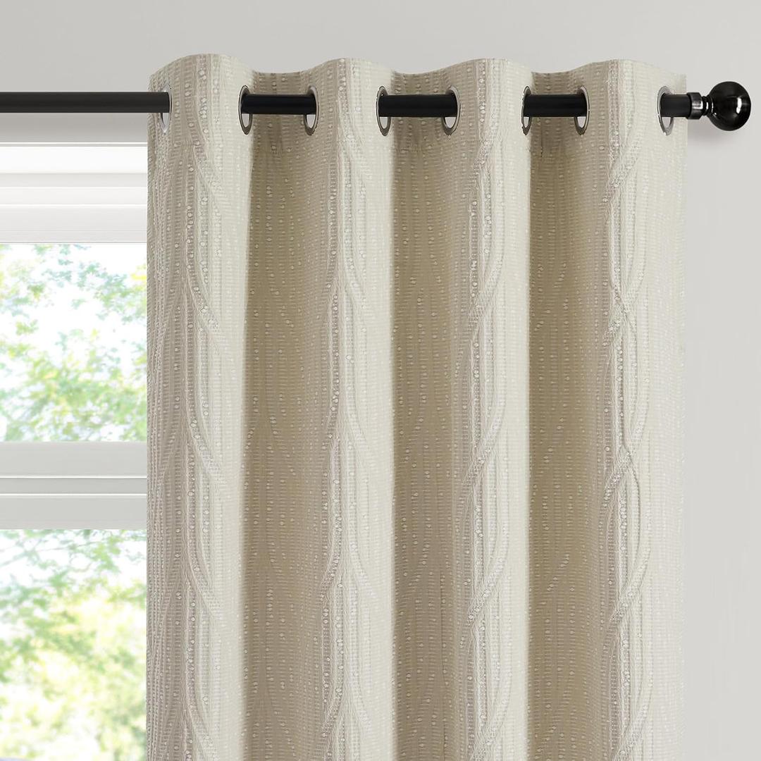 Cream and White 100% Blackout Geometric Jacquard Curtains - Thermal Insulated Noise Reducing Drapes for Bedroom and Living Room, 52" x 96"