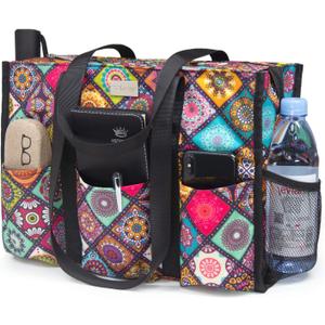 TOPDesign Utility Water Resistant Tote Bag with 13 Pockets, Top Zipper Closure & Thick Bottom Support, for Working Women (Large, Yoga)