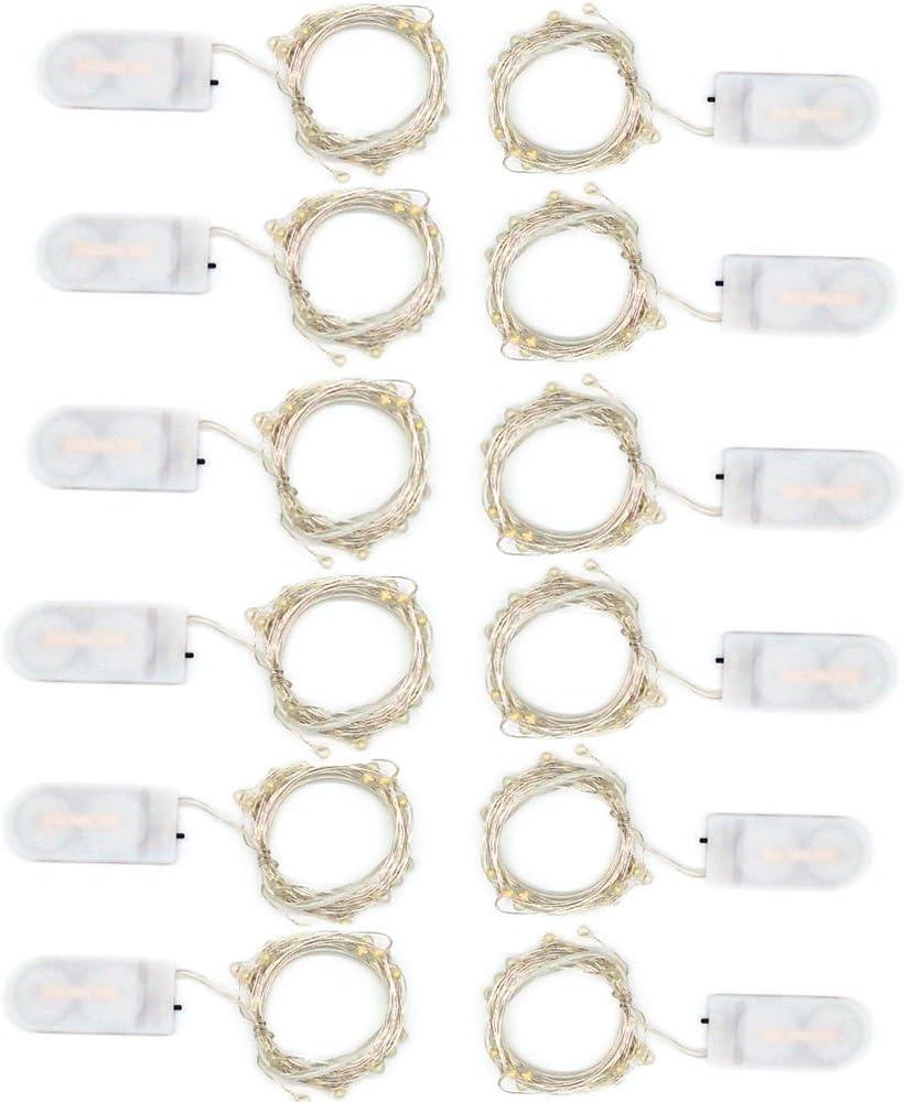 Pack of 12 LED Moon Lights 20 Micro Starry LEDs on Silver Extra Thin Copper Wire, 2 x CR2032 Batteries Included, 7 Ft (2m) for DIY Wedding Centerpiece or Table Decorations (Warm White)