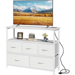 DUMOS TV Stand, Dresser with 5 Fabric Storage Drawers, Media Console Featuring Open Shelf, Fabric Storage Cabinet with Charging Station, Compact Entertainment Unit for Bedroom, Living Room, White