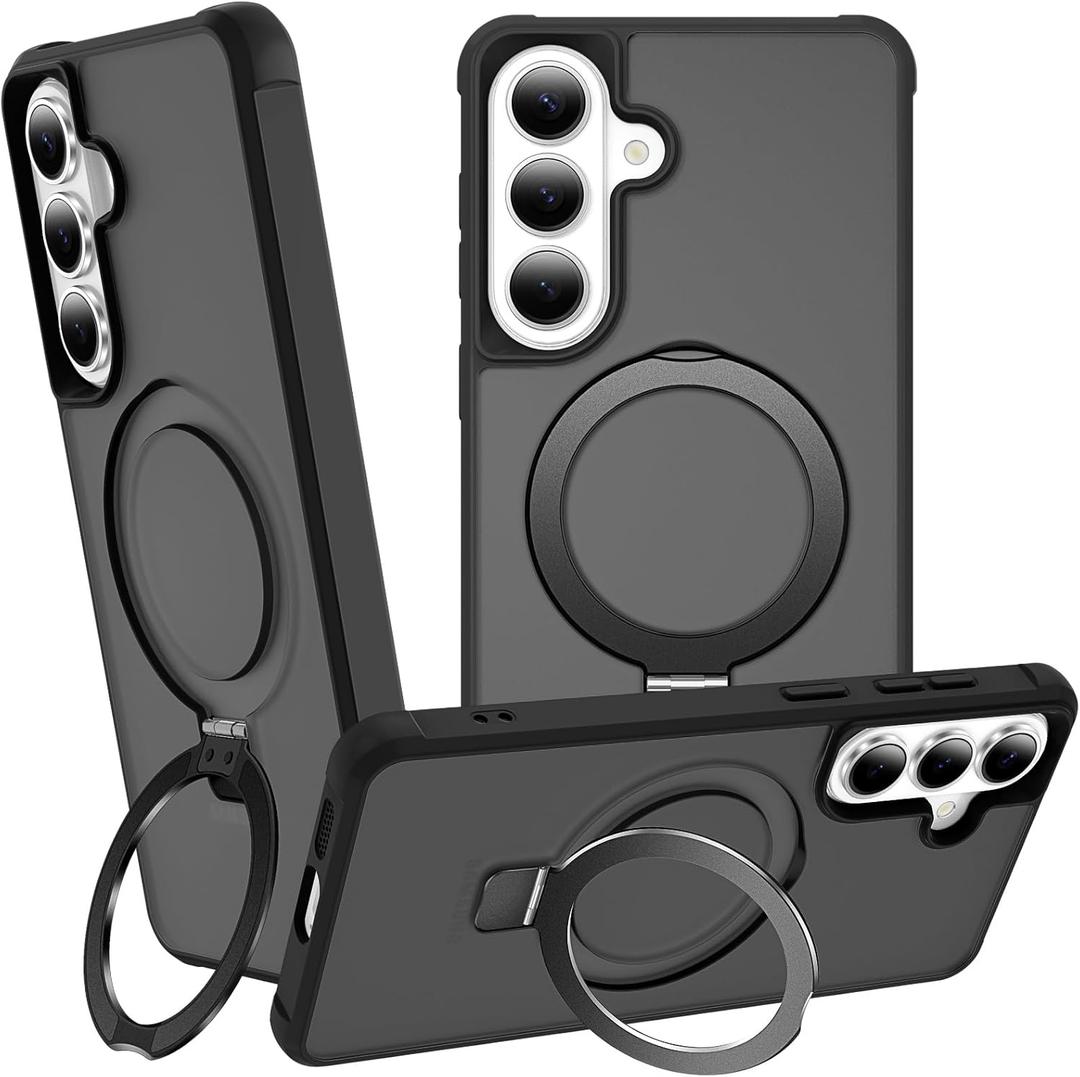 CHAOFEnG Magnetic Compatible with Samsung Galaxy S25 & S24 Case with Stand [Military Grade Drop][Compatible with Magnet] Ring Holder Translucent Slim Hard Back Soft Edge, Black