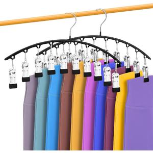 InPoTo Legging Organizer for Closet, Metal Yoga Pants Hangers 2 Pack w/10 Clips Holds 20 Leggings, Space Saving, Clips Hanger for Pants, Shorts, Scarf, Hats Black
