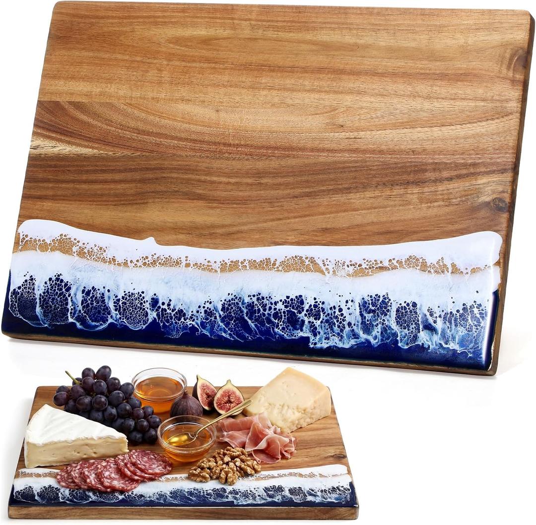 Hushee Acacia Wood Cutting Board with Blue Resin Wave, 14 Inch Rectangular Decorative Charcuterie Board, Dual-sided Cheese Serving Tray for Mother's Day, Housewarming Birthday Kitchen Decoration