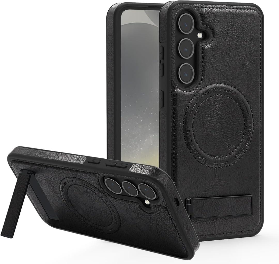 Lunivop Compatible with Samsung Galaxy s25 Plus Case PU Leather [Compatible with Magsafe Wireless Charging] Magnetic Cover Stand Funda Rugged Best Phone Cases Black for S25 Plus 6.7 inch