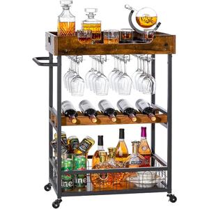 X-cosrack Bar Cart with Storage, Mobile Kitchen Serving Cart with Rack and Glass Holder, Removable Wood Tray, Industrial Cart on Wheels with Handle, Rustic Brown