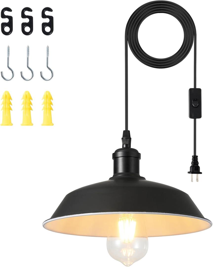 Plug in Pendant Light for Farmhouse Warehouse, Industrial Hanging Light for Living Room Bedroom Kitchen, 197 Cord with on/Off Switch, Black and White Finish,E26 Base (Bulb not Included)