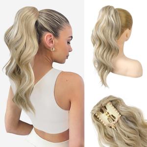 HOOJIH Clip in Ponytail Extension, Ponytail Extension 18 Inch Hair Ponytail Extension Wavy Ponytail Clip on Ponytail Synthetic Ponytail Hair Pieces for Women - Light Golden Blonde with White Blonde