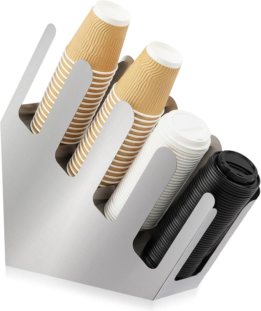 Frienda 4 Compartments Stainless Steel Cup and Lid Dispenser, Silver Coffee Cup Holder Organizer Storage for Countertop, Coffee Bar, Beverage Restaurant, Kitchen, Breakroom
