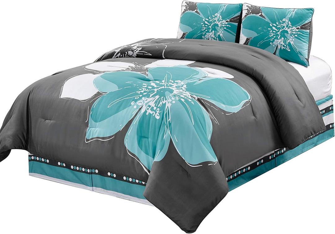 GrandLinen 4-Piece - Hibiscus Floral Comforter Set King Size Bedding - Aqua Blue, Grey, White