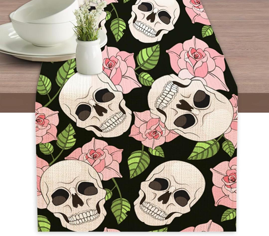 Pink Rose Skull Table Runner Dresser Scarves Seasonal Linen Tablerunner for Indoor Outdoor Kitchen Home Party Holiday Dining Table Decor 13 X 70 Inch