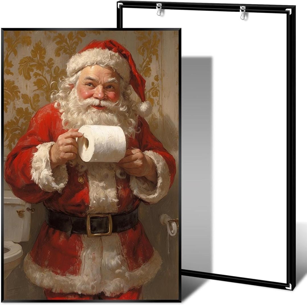 Christmas wall decor cute Santa holding toilet paper art print eclectic bathroom poster farmhouse wall decor aesthetic Santa decor canvas print painting suitable for bedroom toilet (8x12in BlackMetalFrames)