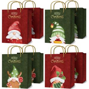 easykart labels 8 Pack 12" Large Christmas Gift Bags, Gold Foiled & Laminated Holiday Gnome Gift Bags,(4 Designs - 2 PCs Each) for Gift Wrapping Christmas Party Decorations