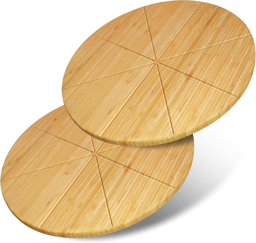Round Pizza Cutting Board 12inch 2Pack Double Sided Bamboo Wooden Pizza Tray Meat Bread Cheese Serving Platter Pizza Oven Accessories Pizza Prep Board Paddle Blocks Circular Circle