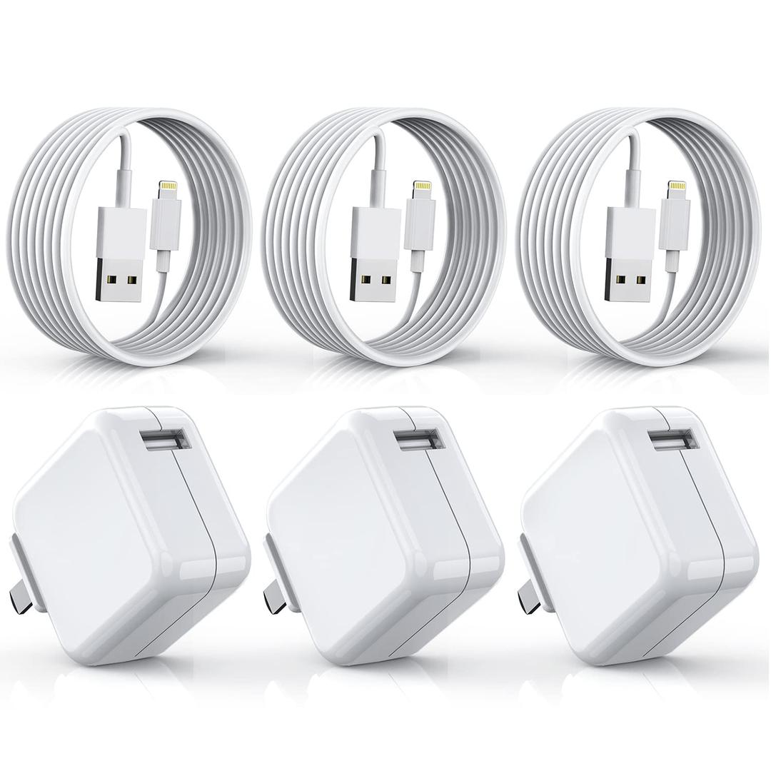 [3 Pack] iPad Charger, iPhone Charger MFi Certified Long Lightning Cable 10 Foot Lightning Charging Cord with 12W Wall Foldable Block Portable Travel Plug Charging for iPad/iPadMini/iPadAir, iPhone