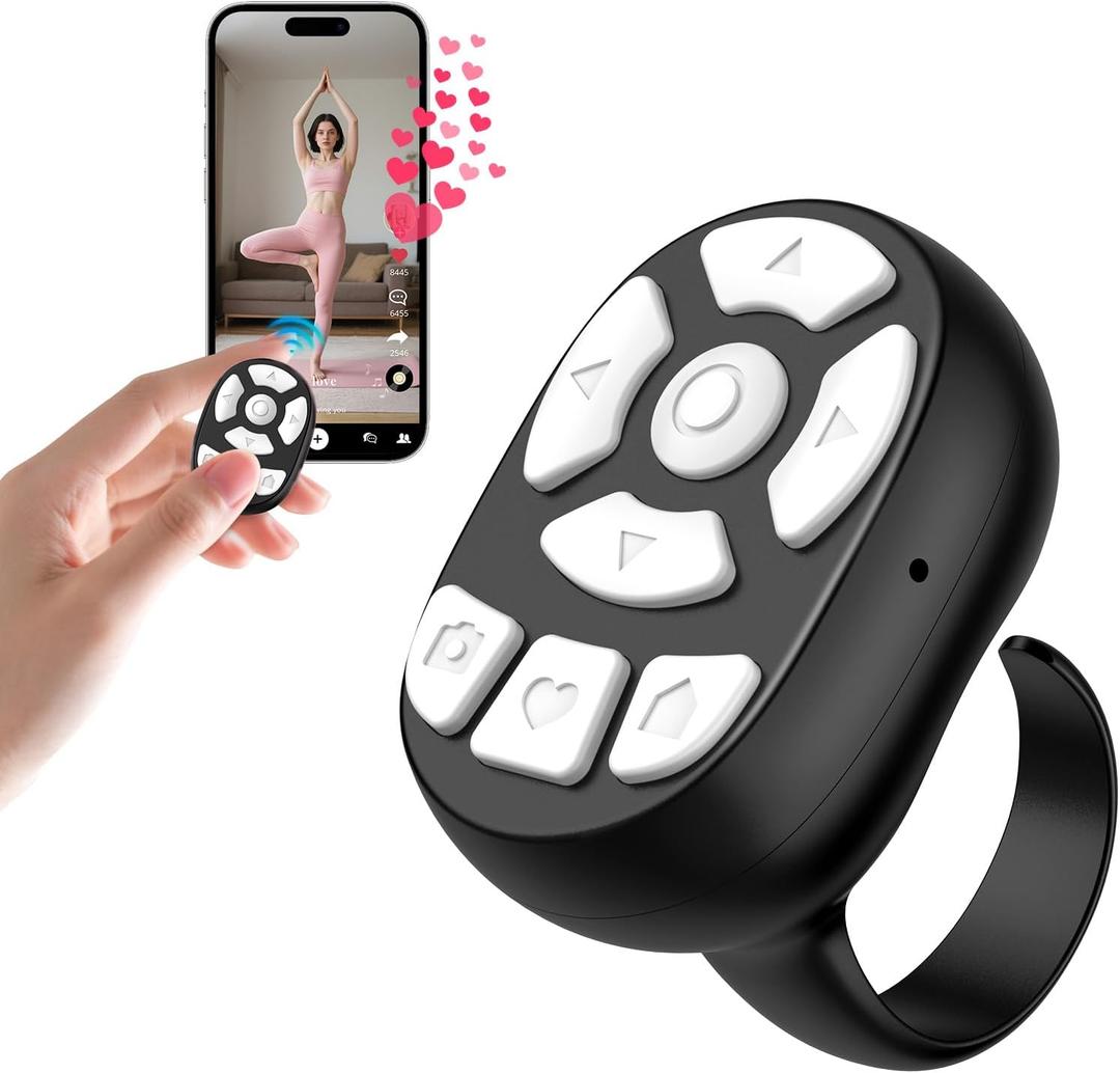 OUTXE Wireless Auto Clicker for TikTok, Bluetooth Remote Scrolling Ring for iPhone Hands-Free Liking/Page Turn/Volume Adjust/Take Photos Without Touching Phone Screen (Black)