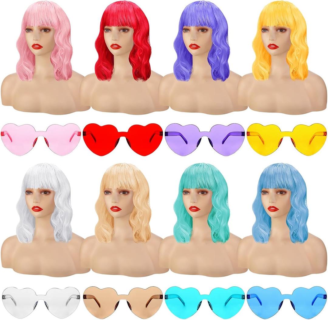 16 Pcs Short Colored Wig and Sunglasses Set for Bachelorette Party Curly Wavy Wig Bulk for Women Halloween Cosplay Neon Bachelor Wedding Neon Birthday Party Favor, 8 Colors