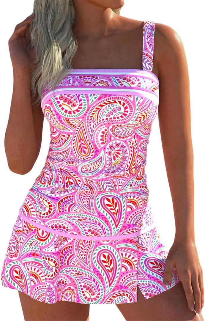 ROSEWE Womens Tummy Control Tankini Bathing Suits, Two Piece Ruched Swimsuits, Floral Print Swimdress with Skirt (Pink, M)