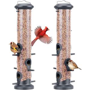 2 Packs Grey Bird Feeder Tube Hanging Feeders, 6 Port Wild Bird Feeders Premium Hard Plastic with Steel Hanger Weatherproof and Water Resistant Great for Attracting Birds 18.2 Inches Large