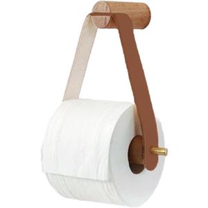 Wood & Leather Wall Toilet Paper Holder, Rustic Tissue Rolls Paper Holder Wall Mounted, Graceful and Natural Bathroom Accessories with Self-Adhesive Seamless Screw (Brown)