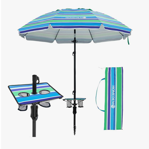 HOMEDEMO 7ft Beach Umbrellas For Sand Heavy Duty Wind, Portable Beach Umbrella UPF 50+ Windproof Outdoor Beach Umbrella with Sand Anchor, Tilt Pole, Carry Bag, Table Tray, Vent and Hook