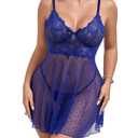LYNVEBYA Women Lace Babydoll Lingerie Polka Dots Mesh Sleepwear Sets Blue X-Large