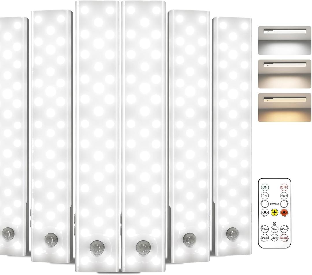 EZVALO 6-Pack Under Cabinet Lighting, 2000mAh Rechargeable Wireless Motion Sensor Lights, 62LEDs, 3 Color Temps, Dimmable, Timer, Magnetic, with Remote Control for Kitchen, Closet, Stair
