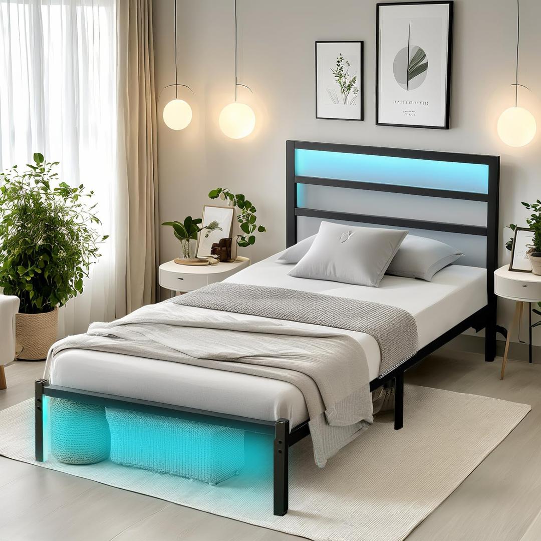 Twin Bed Frame with Headboard,Heavy Duty Steel Slats Support-LED Bed Frame with USB Charging Station,Mattress Foundation-Under Bed Storage,No Box Spring Needed,Noise FreeBlack