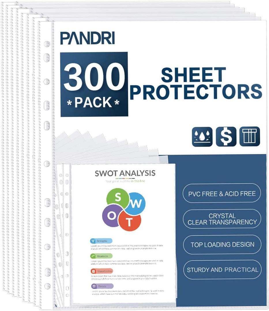 Sheet Protectors, PANDRI 300 Pack Clear Heavy Duty Plastic Page Protectors Sheet Reinforced 11-Hole Fit for 3 Ring Binder Fits Standard 8.5 x 11 Paper, 9.25 x 11.25 Top Loaded, Excluding Acid
