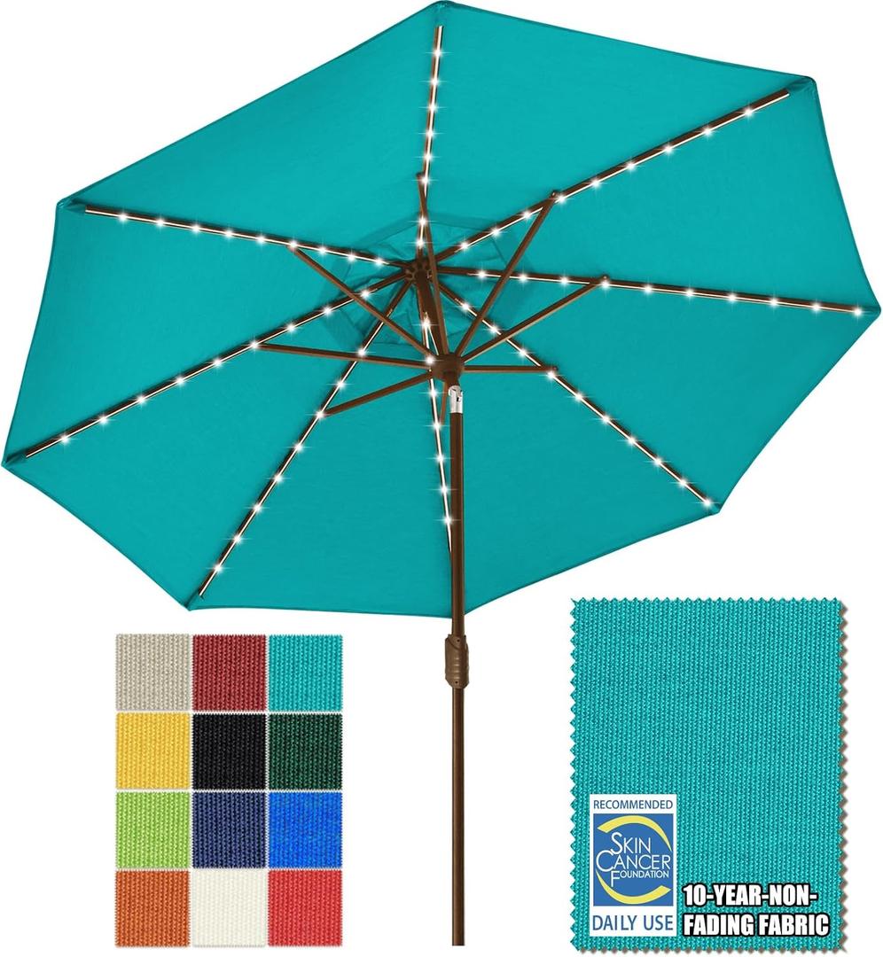 EliteShade USA 10-Year-Non-Fading 9ft Market Patio Umbrella, Commercial Grade Table Sun Umbrella with 80 Solar LED Lights, Crank Open, Windproof & UPF 50+ UV Protection for Garden, Deck, Pool, Backyard, Teal