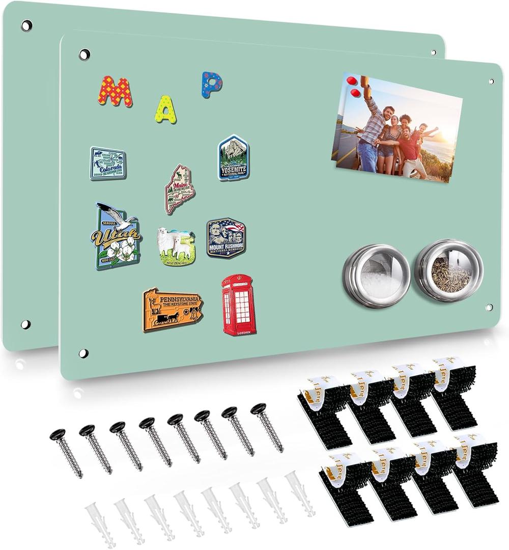 Green 2Pack Magnetic Board,17.5" x 11.4" Magnet Bulletin Board to Display Magnetic Notes, Poetry, Photos, Suitable for Wall, Refrigerator, Cabinet etc, Come with 4 Pcs Dual Lock Tape and Screws