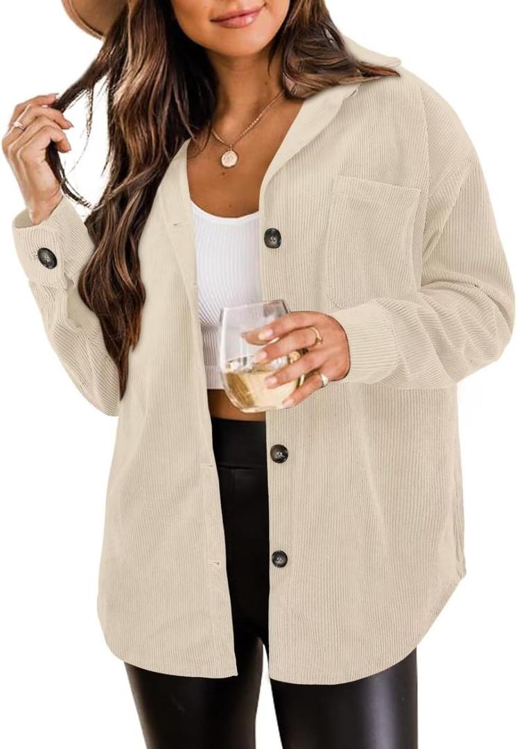 ZOLUCKY Shacket Jacket for Women Polyester Jacket Shirts Oversized Button Down Shirt Casual Long Sleeve Cream Shacket, Off White Small