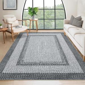 RUGSREAL 8x10 Braided Print Area Rug Washable Rug Non Slip Farmhouse Rustic Floor Carpet Boho Dining Room Throw Carpet Modern Geometric Floor Cover Bohemian Border Rug for Living Room Bedroom, Grey