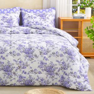 lasoftan Floral Queen Comforter Set with Sheets, 7 piece Luxury Vintage Bedding, Soft Microfiber Bed in a Bag, Cozy Lightweight Bed Set, Lavender Flower Grey Leaf