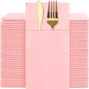 Pink Dinner Napkins Disposable - 50Pack Linen-Feel Paper Napkins with Built-in Flatware Pocket, Prefolded Cloth Like Paper Napkins Bulk For Dinner, Wedding, Party or Everyday Use(Pink)